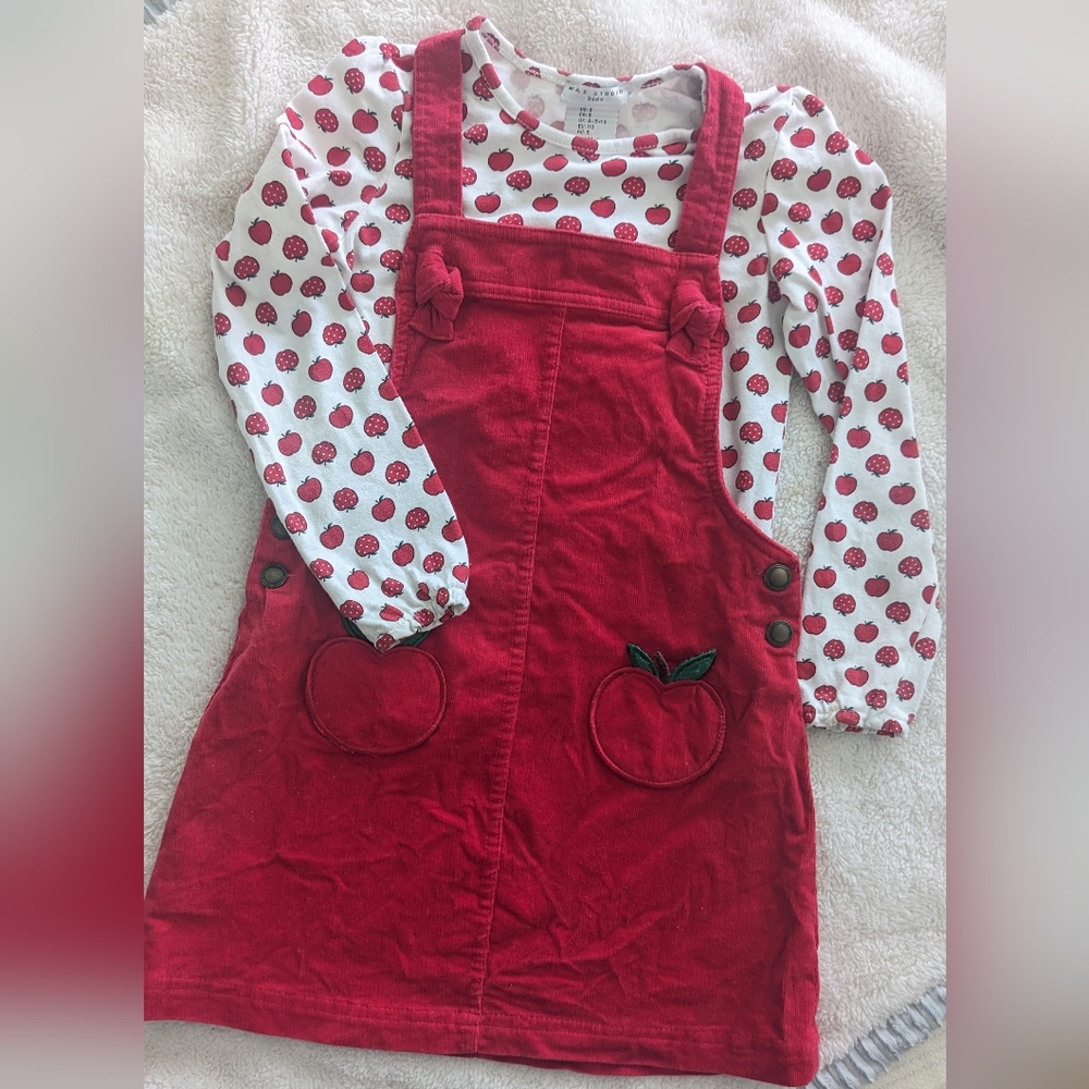 Max Studio Kids Red Apple Print Overall Dress w/ Long Sleeve Shirt. Size 5